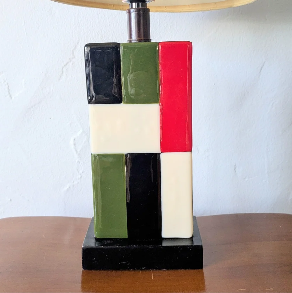 OOAK Fused Glass Artist Lamp - Mid Century Modern Geometric - Wood Base